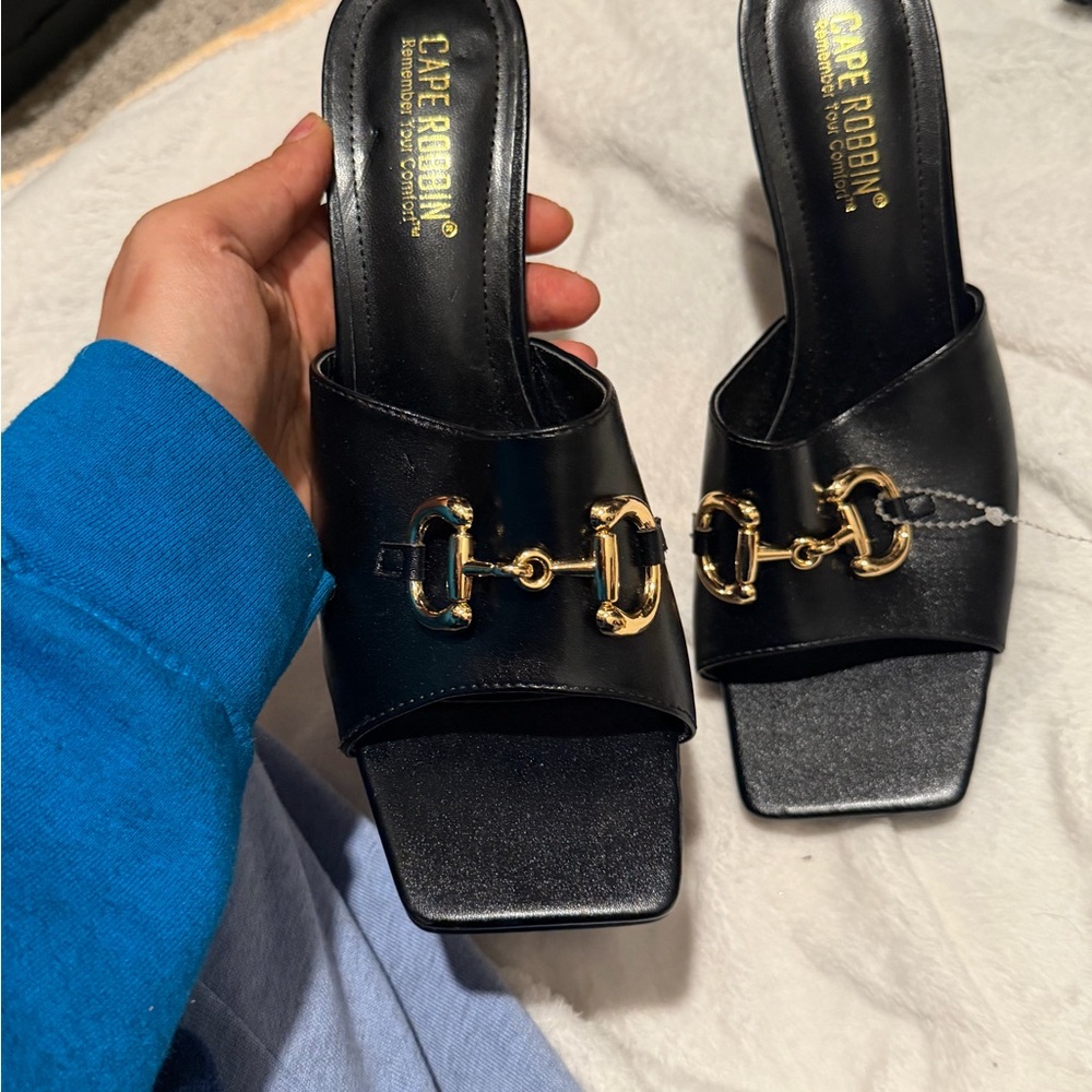 Cape Robbin Black Mules with Gold Chain Detail